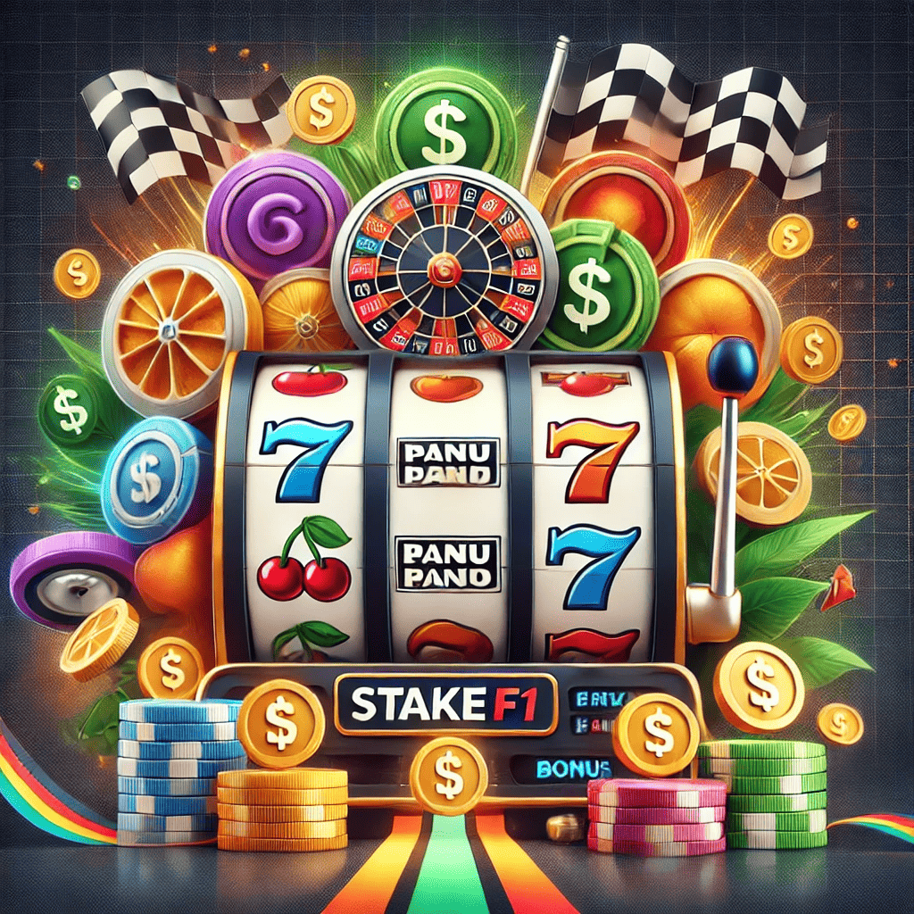 Stake F1 slot machine with high-value symbols, coins, and racing-themed background elements.