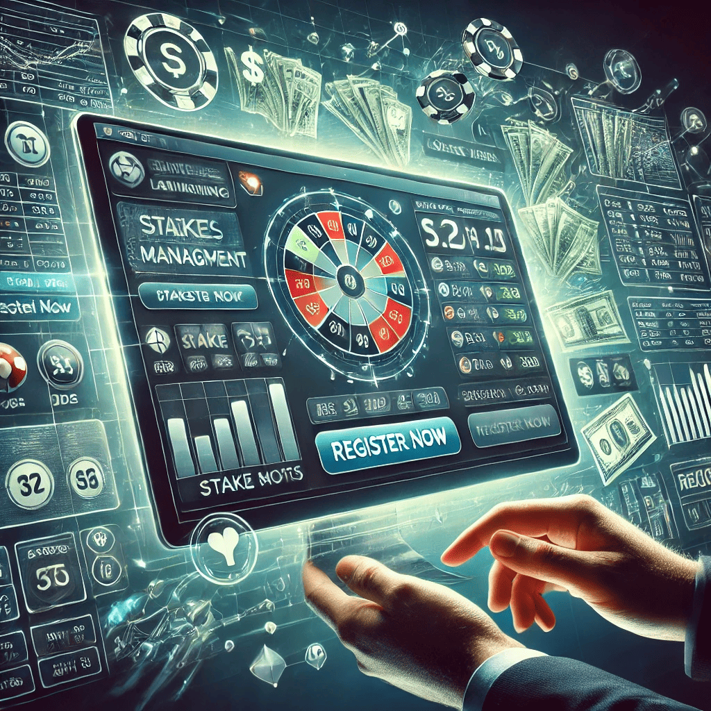 Digital betting platform interface highlighting stakes management with options for bankroll management, odds ana