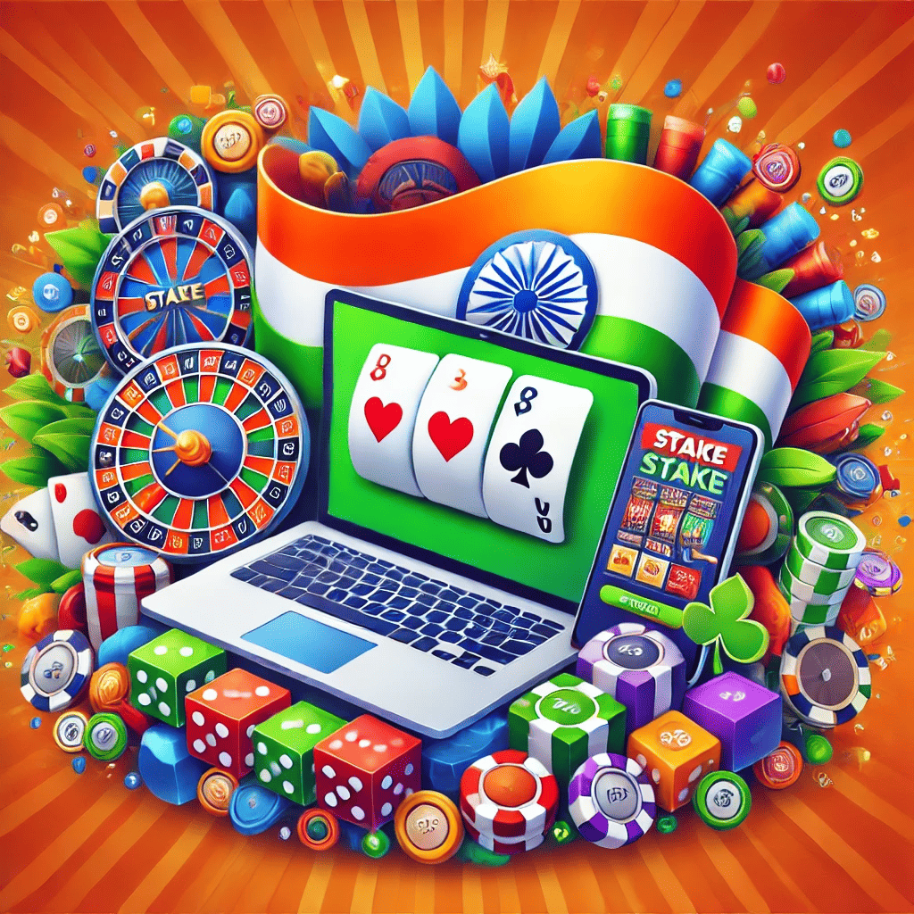 Stake.com India guide image featuring a smartphone and laptop with casino game icons, set against an Indian flag backdrop.